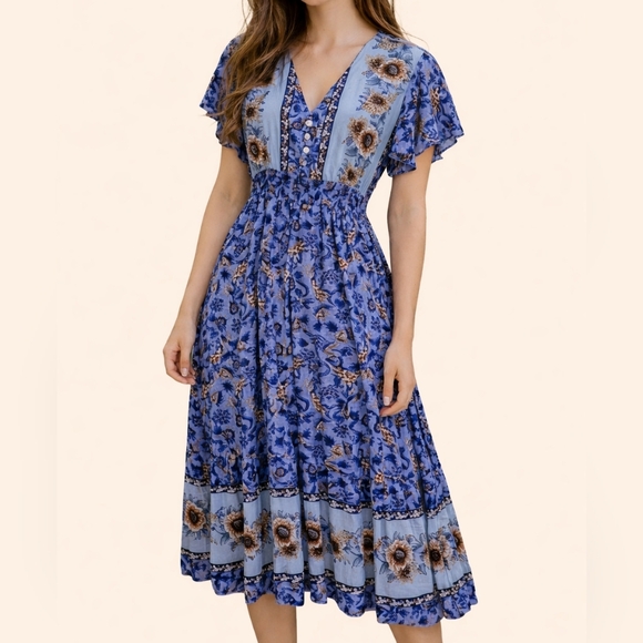 Private Label Dresses & Skirts - Cute Coquette Prairie Granny Floral Empire Waist Swing Shirt Land Girl Dress